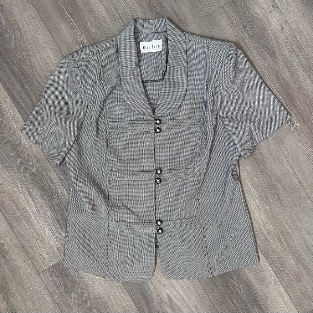 Miss Dorby Vintage Houndstooth Blouse Rounded Collar Button Front Top